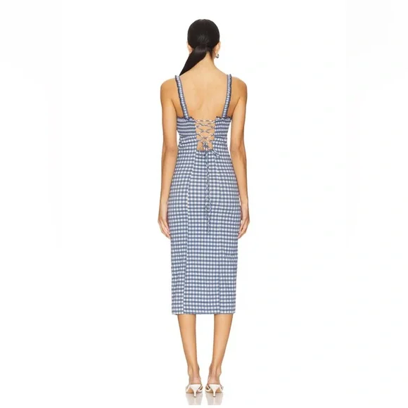 Free People Blue Gingham Smocked Midi Dress - Picture 3 of 9